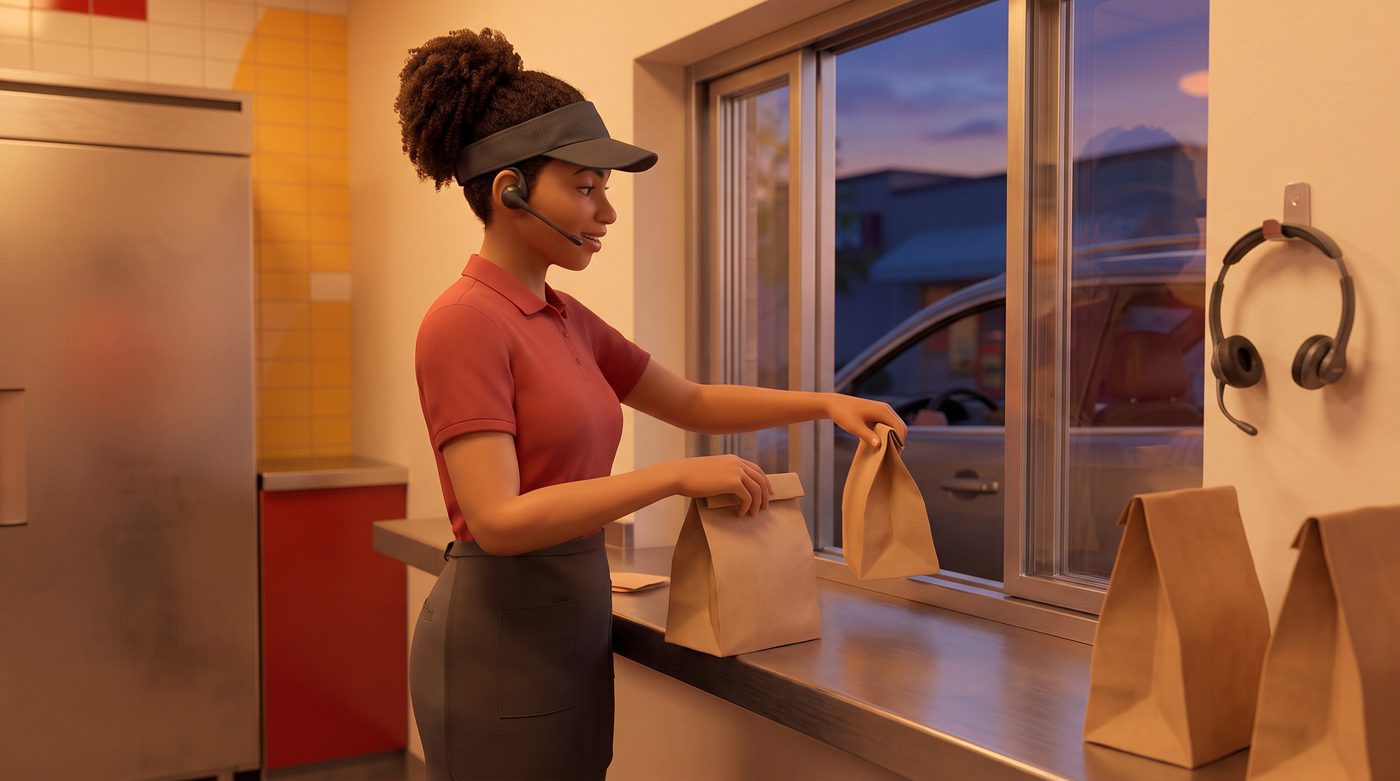 Atendente sozinha na janela do drive-thru, com um segundo fone de ouvido pendurado sem ninguém para usar.