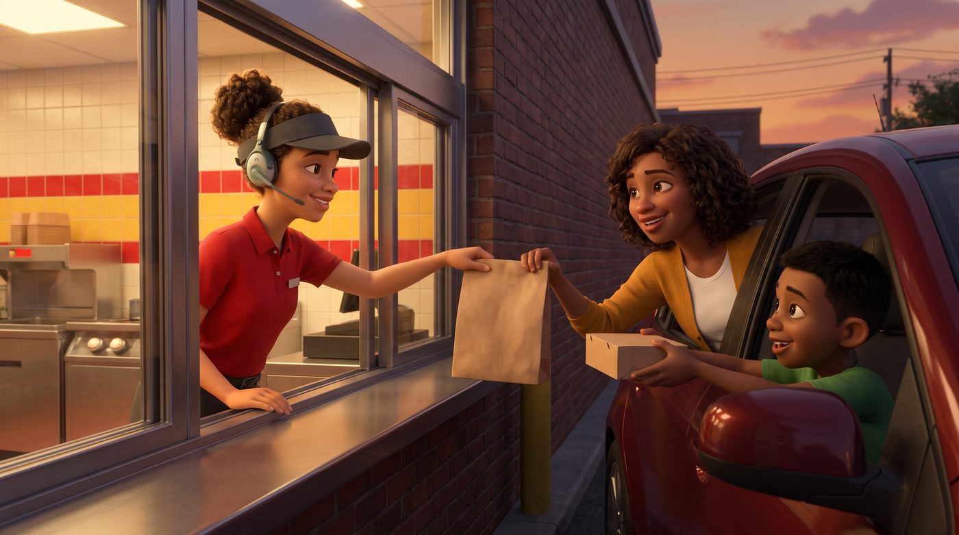 Atendente entrega o pedido na janela do drive-thru para uma mãe e o filho no carro.