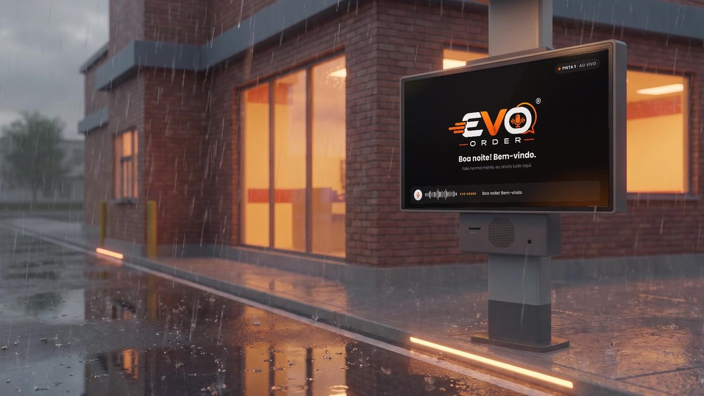 Poste do drive-thru com a tela do EVO Order na chuva.